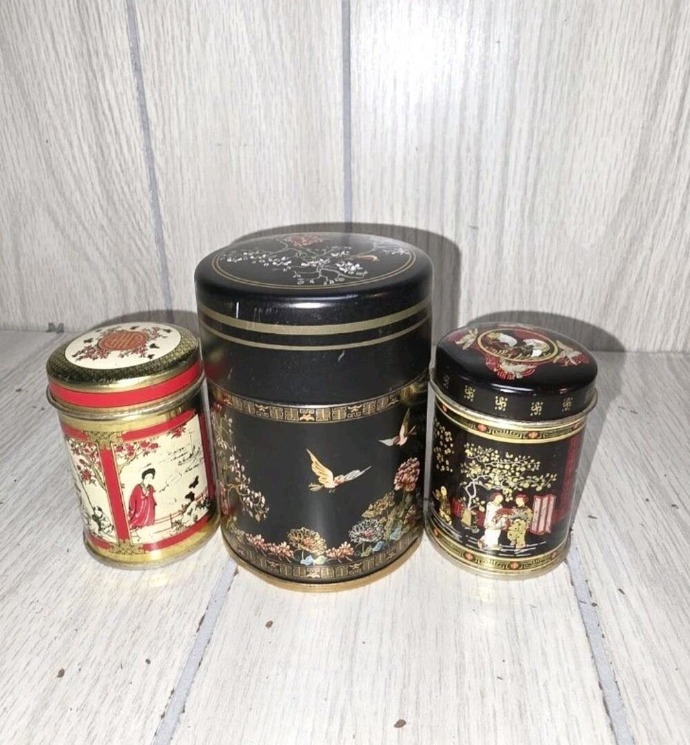 Vtg Switzerland And Chinese Tea Tins Set Of 3 Beautiful Detailed Collectors